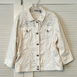 Chico’s White Platinum Embellished Denim Jacket Size 3 Large Beaded